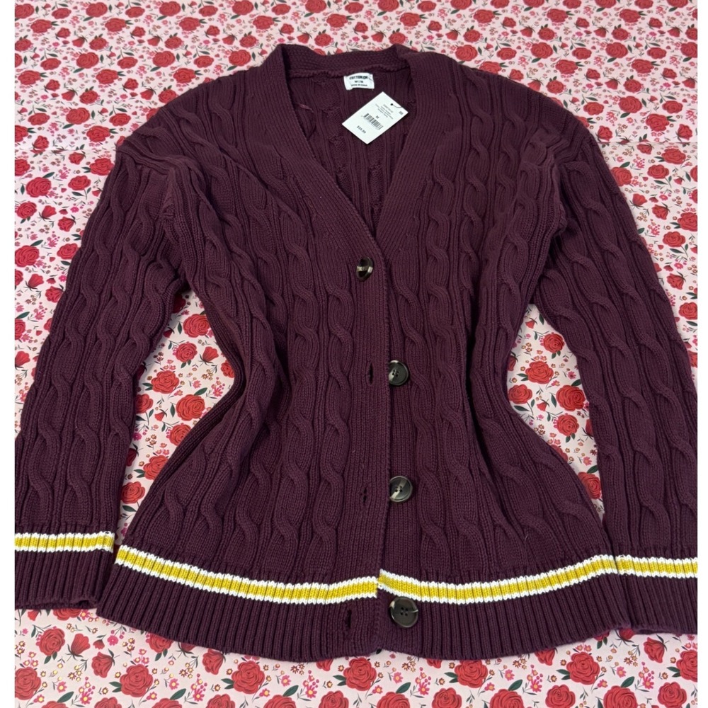 Cotton On Varsity Cardigan Cherry Varnish Burgundy Cable Knit Sweater NWT M c3